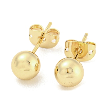 Brass Ear Studs, Round Ball, Real 18K Gold Plated, 18x6mm