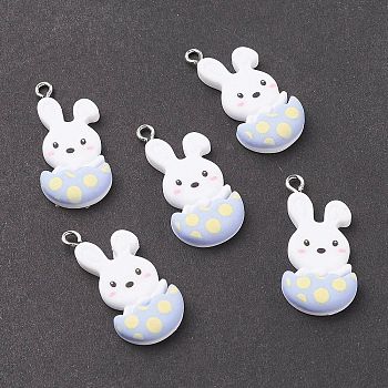 Opaque Resin Pendants, with Platinum Tone Iron Loops, Easter Theme, Rabbit with Eggshell, White, 32.5x15.5x5mm, Hole: 2mm