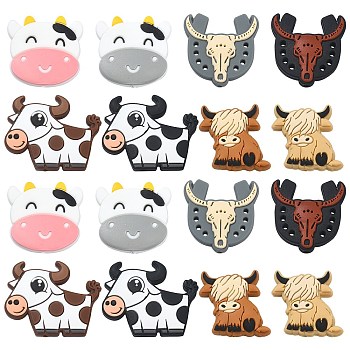 16Pcs 8 Style Food Grade Eco-Friendly Silicone Beads, Chewing Beads For Teethers, DIY Nursing Necklaces Making, Cow & Cattle, Mixed Color, 28~30x26~38x7~9mm, Hole: 2~3mm, 2pcs/style