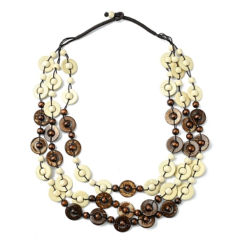 Dyed Natural Coconut Flat Round Beaded 3 Layer Necklaces, Bohemian Jewelry for Women, Lemon Chiffon, 26.85 inch(68.2cm)