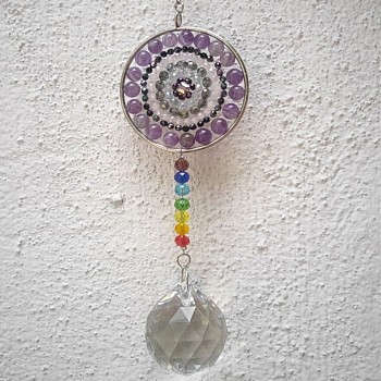 Glass Teardrop Pendant Decoration, Wind Chime, with Natural Amethyst Mandala Charm for Home Christmas Tree Decoration, 400mm