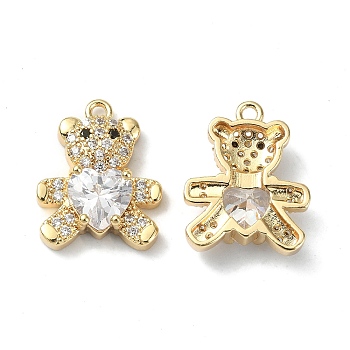 Rack Plating Brass Clear Cubic Zirconia Pendants, Bear with Heart Charm, Real 18K Gold Plated, 19x15x5.5mm, Hole: 1.5mm