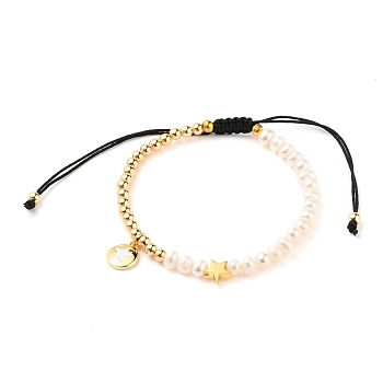 Adjustable Nylon Thread Braided Bead Bracelets, with Natural Pearl Beads, Brass Beads, Brass Enamel Charms, Flat Round with Star, Black, Real 18K Gold Plated, Inner Diameter: 2-1/2~3-3/8 inch(6.5~8.7cm)