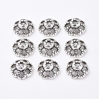 Tibetan Style Alloy Bead Caps, Lead Free and Cadmium Free, Flower, Antique Silver, about 9mm in diameter, 4mm thick, hole: 1mm