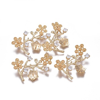 Brass Brooch Findings, with Cubic Zirconia, Flower, Real 18K Gold Plated, 28x45x11mm, Tray: 4mm and 11.5mm, Pin: 0.8mm