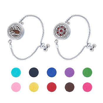 2Pcs 2 Styles 316 Surgical Stainless Steel Rhinestone Diffuser Locket Slider Bracelets, Adjustable Box Chains with Sponge and Magnet, Mixed Shapes, 9-5/8 inch(24.4cm), 1pc/style