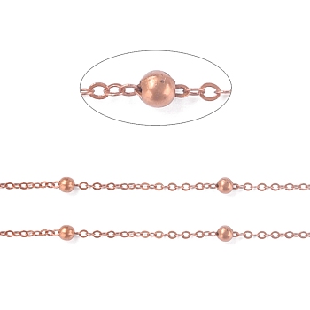 Brass Flat Oval Cable Chains, Satellite Chains, with Round Beads, Unwelded, with Spool, Cadmium Free & Nickel Free & Lead Free, Red Copper, 2.2x1.7x0.23mm, Bead: 3.5mm, about 301.83 Feet(92m)/roll