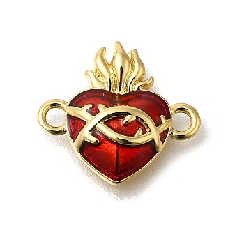 Brass Enamel Sacred Heart of Jesus Links Connector Charms, Real 16K Gold Plated, FireBrick, 14.5x16x3.5mm, Hole: 1.8mm