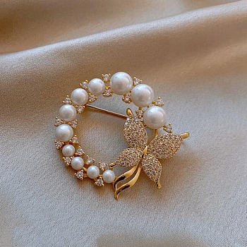 Alloy Glass Rhinestone Brooch, Plastic Imitation Pearl Vintage Women Badge for Valentine's Day, Butterfly, 40mm