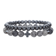 Round Natural Map Stone & Synthetic Non-magnetic Hematite Beaded Stretch Bracelet Sets, Cross Stackable Bracelets for Men(WC8951-1)