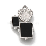 304 Stainless Steel Manual Polishing Charms, with Black Acrylic, Heart & Rectangle, Stainless Steel Color, 15x10x2mm, Hole: 1.2mm(STAS-M059-05P-01)