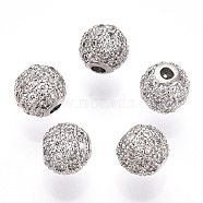 Rack Plating Brass Cubic Zirconia Beads, Long-Lasting Plated, Round, Platinum, 6x6mm, Hole: 1.5mm(ZIRC-S001-6mm-A03)