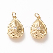 Brass Pendants, with Clear Cubic Zirconia and Jump Rings, Long-Lasting Plated, Teardrop with Star, Real 18K Gold Plated, 16x10.5x3.3mm, Jump Ring: 4x0.7mm, 2.6mm Inner Diameter(ZIRC-L098-029G)
