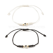 2Pcs Flat Round with Heart Acrylic Braided Bead Bracelets Set with Glass Seed, Luminous Beaded Stackable Adjustable Bracelets for Women, White & Black, Inner Diameter: 2~3-3/8 inch(5~8.7cm)(BJEW-JB08034-01)