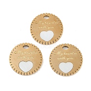 Ion Plating(IP) 304 Stainless Steel Charms, with Pave Shell, Flat Round with Heart & Word My Heart is with You Charm, Real 18K Gold Plated, 14.5x1.5mm, Hole: 1.5x2.5mm(STAS-D193-04G)