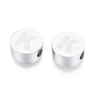 304 Stainless Steel Beads, Flat Round with Letter, Letter.K, 10x4.5mm, Hole: 2mm(STAS-I126-02P-K)