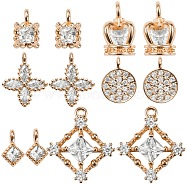 12Pcs 6 Style Brass Pendants, with Clear Cubic Zirconia, Mixed Shapes, Real 18K Gold Plated, 7.5x5x3mm, Hole: 1mm(ZIRC-SZ0001-37)