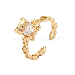 Brass Micro Pave Cubic Zirconia Open Cuff Rings, Bear, Light Gold, Inner Diameter: 17.6mm(RJEW-K263-06KCG)