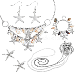 Ocean Theme Jewelry Sets, including Bracelet & Natural Conch Shell Bib Necklaces & Earrings  & Alligator Hair Clips & Alloy Crossbody Bags, Platinum & Silver, 420mm(SJEW-GA0001-05)
