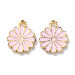 Alloy Enamel Pendants, Golden, Flower Charm, Pink, 14x12x1.5mm, Hole: 1.2mm(ENAM-O001-07H-G)