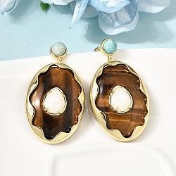 Brass & Natural Tiger Eye Dangle Stud Earrings, with Moonstone & Amazonite, Oval, Rack Plating, Golden, 44x25mm, Inner Diameter: 1mm(G-B186-04G)