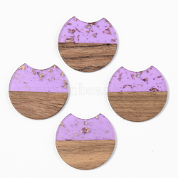 Transparent Resin & Walnut Wood Pendants, with Gold Foil, Gap Flat Round, Lilac, 34x36.5x3mm, Hole: 2mm(RESI-S389-001A-B01)