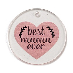 Mother's Day Opaque Acrylic Pendants, Flat Round with Word, Salmon, 45x3mm, Hole: 3.5mm(BACR-C001-02D)