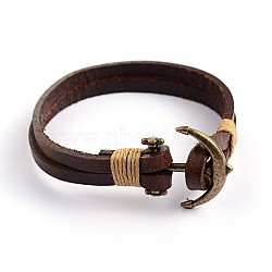Leather Multi-Strand Bracelets, with Antique Bronze Alloy Finding, Coconut Brown, 225x10mm(BJEW-P128-35A)