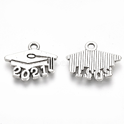 Tibetan Style Alloy Pendants, Graduation Trencher Cap with Number 2021, Cadmium Free & Lead Free, Antique Silver, 14x17.5x1.5mm, Hole: 1.8mm, about 454pcs/500g(TIBE-R316-145AS-RS)