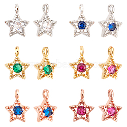 Nbeads 12Pcs 6 Colors Brass Inlaid Clear Cubic Zirconia Charms, Star, Mixed Color, 11x7.5x4mm, Hole: 2mm, 2pcs/color(ZIRC-NB0001-72)