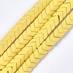 Spray Painted Non-magnetic Synthetic Hematite Beads Strands, Matte Style, Arrow/Chevron, Yellow, 7x8x4mm, Hole: 1mm, about 89pcs/strand, 16.1 inch(G-T116-25-24)