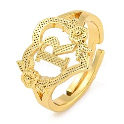 Heart with Letter & Flower Rack Plating Brass Adjustable Rings for Women, Lead Free & Cadmium Free, Real 18K Gold Plated, Letter R, US Size 6(16.5mm)(RJEW-I105-05G-R)