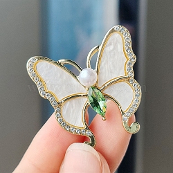 Butterfly Alloy Rhinestone Brooches for Backpack Clothes,with Acrylic & Plastic Pearl, Peridot, 35x35mm(PW-WG36D64-02)