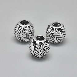 925 Sterling Silver European Beads, Large Hole Beads, Hollow, Barrel with Leaf, Antique Silver, 11.5x10.5mm, Hole: 4.5mm(STER-I019-31AS)