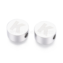 304 Stainless Steel Beads, Flat Round with Letter, Letter.K, 10x4.5mm, Hole: 2mm(STAS-I126-02P-K)