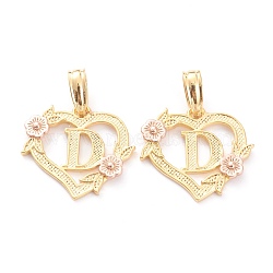 Real 18K Gold Plated Brass  Pendants, Heart with Alphabet, Letter.D, 18x20x3mm, Hole: 6.5x3mm(KK-J042-43G-D)