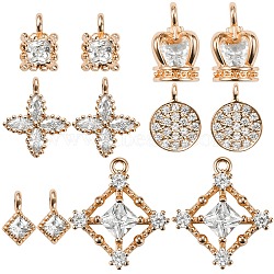 12Pcs 6 Style Brass Pendants, with Clear Cubic Zirconia, Mixed Shapes, Real 18K Gold Plated, 7.5x5x3mm, Hole: 1mm(ZIRC-SZ0001-37)