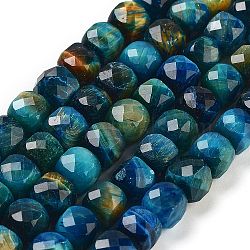 Natural Tiger Eye Dyed Beads Strands, Faceted, Cube, Dark Blue, 7x8x7mm, Hole: 1mm, about 47~48pcs/strand, 13.35~13.46''(33.9~34.2cm)(G-H028-A01-02)