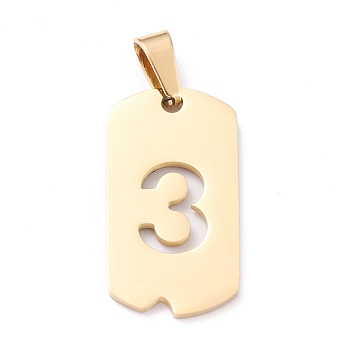 Vacuum Plating 304 Stainless Steel Pendants, Rectangle with Number, Golden, Num.3, 27.5x14.5x1.5mm, Hole: 7.5x3mm