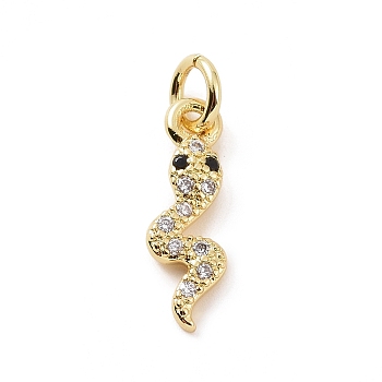 Brass Micro Pave Cubic Zirconia Charms, with Jump Ring, Snake Charm, Golden, 14x4.5x1.5mm, Hole: 2.8mm