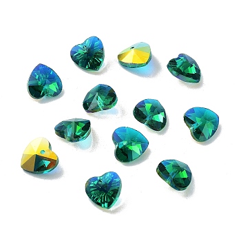 Electroplate Glass Charms, AB Color Plated, Faceted Heart, Medium Spring Green, 10x10x5~5.5mm, Hole: 1~1.2mm
