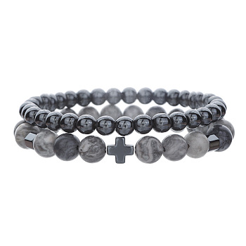 Round Natural Map Stone & Synthetic Non-magnetic Hematite Beaded Stretch Bracelet Sets, Cross Stackable Bracelets for Men