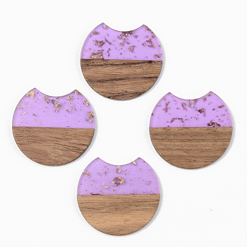 Transparent Resin & Walnut Wood Pendants, with Gold Foil, Gap Flat Round, Lilac, 34x36.5x3mm, Hole: 2mm