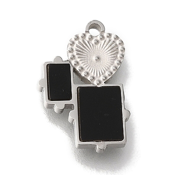 304 Stainless Steel Manual Polishing Charms, with Black Acrylic, Heart & Rectangle, Stainless Steel Color, 15x10x2mm, Hole: 1.2mm