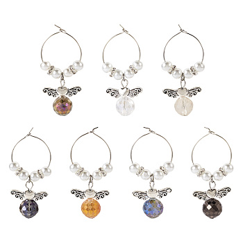 14Pcs 7 Colors Glass Wine Glass Charms, with Alloy Charms, Brass Wine Glass Charms Ring, Mixed Color, 52mm, 2pcs/color