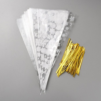 OPP Plastic Triangle Packaging Bags, with Goledn Tone Wire Twist Ties, Snowflake, 30x16x0.01cm, 100pcs/bag