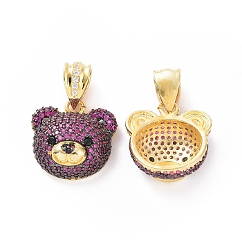Brass Micro Pave Cubic Zirconia Pendants, Bear Head Charm, Real 18K Gold Plated, Magenta, 19x19x8mm, Hole: 5x8mm