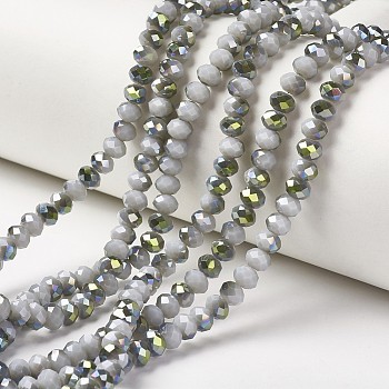 Electroplate Opaque Glass Beads Strands, Half Green Plated, Faceted, Rondelle, Light Grey, 4x3mm, Hole: 0.4mm, about 123~127pcs/strand, 16.5~16.9 inch(42~43cm)