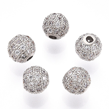Rack Plating Brass Cubic Zirconia Beads, Long-Lasting Plated, Round, Platinum, 6x6mm, Hole: 1.5mm