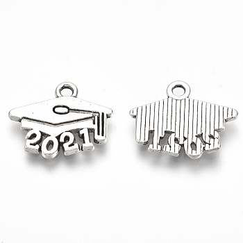 Tibetan Style Alloy Pendants, Graduation Trencher Cap with Number 2021, Cadmium Free & Lead Free, Antique Silver, 14x17.5x1.5mm, Hole: 1.8mm, about 454pcs/500g